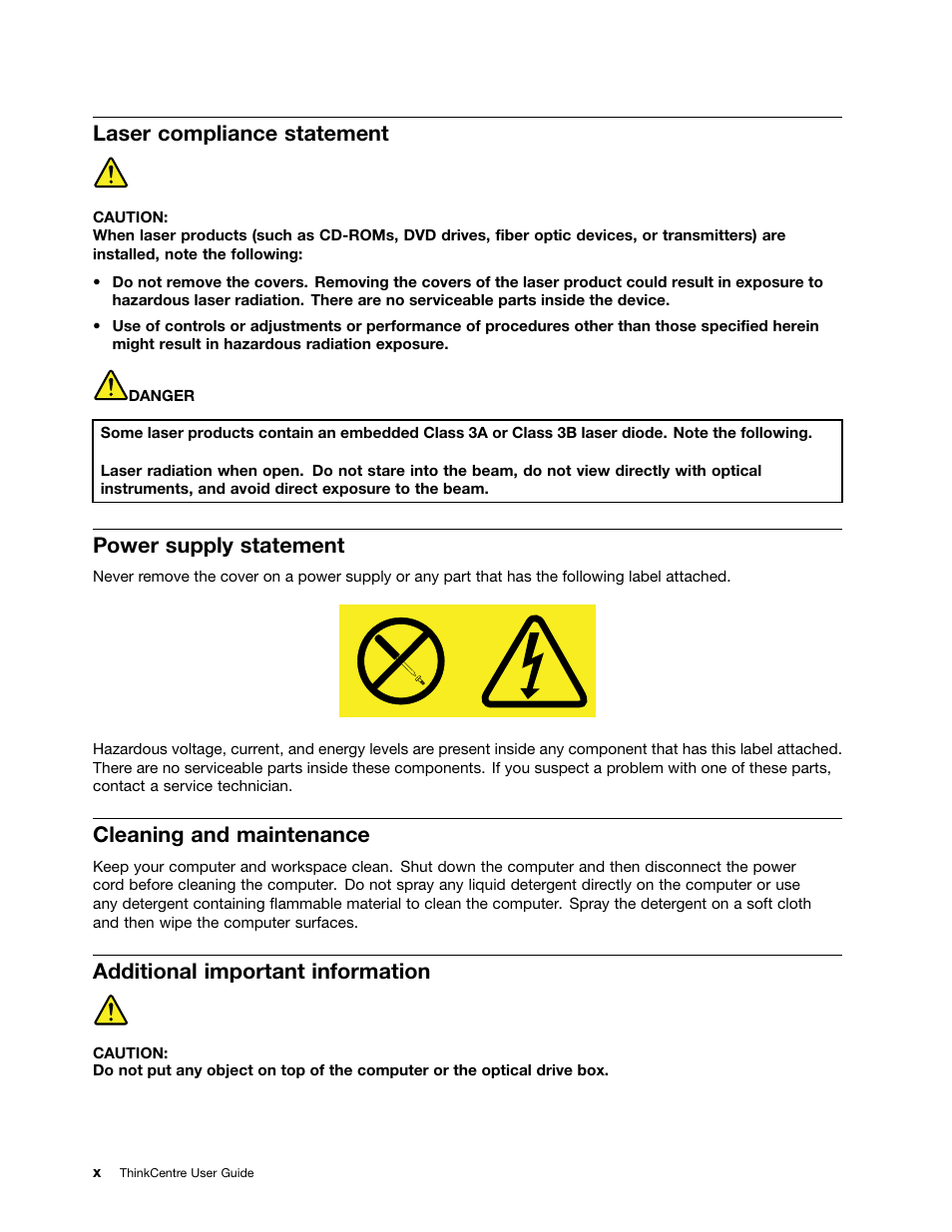Laser compliance statement, Power supply statement, Cleaning and maintenance | Additional important information | Lenovo 3273 User Manual | Page 12 / 154