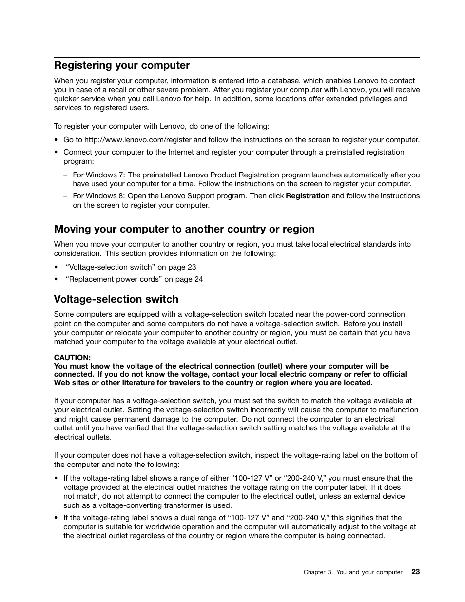 Registering your computer, Moving your computer to another country or region, Voltage-selection switch | Lenovo 3273 User Manual | Page 37 / 154