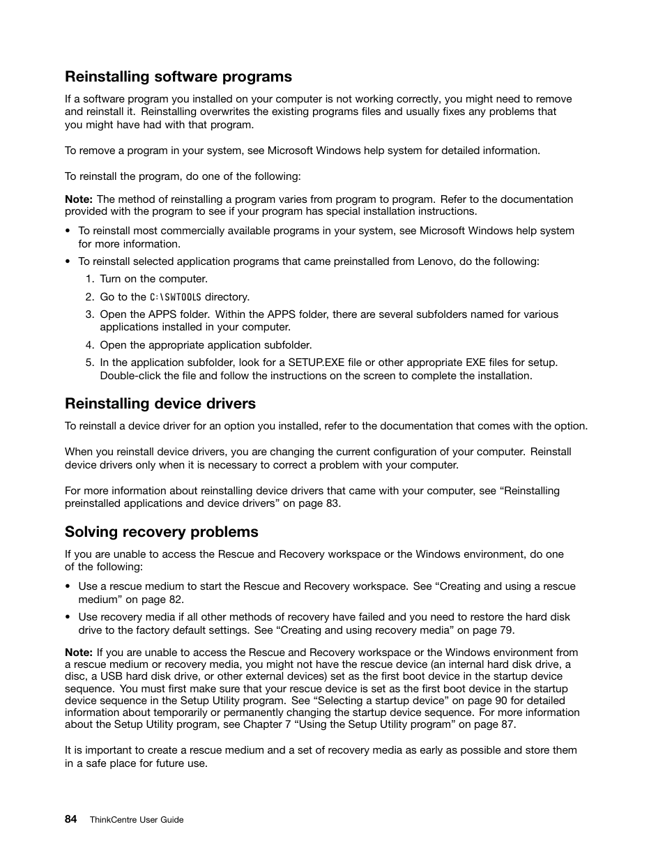 Reinstalling software programs, Reinstalling device drivers, Solving recovery problems | Lenovo 3273 User Manual | Page 98 / 154