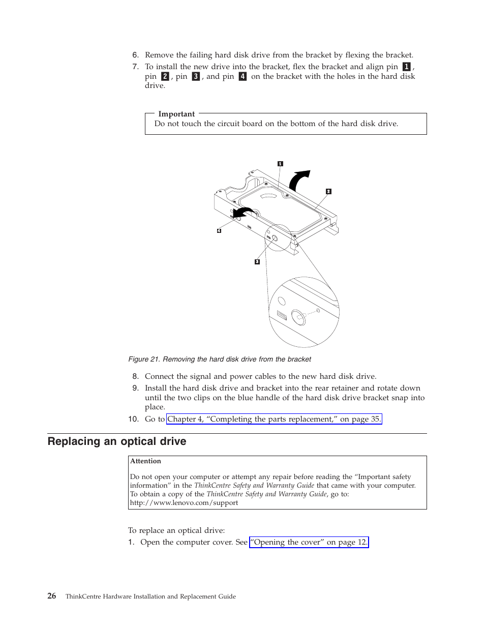 Replacing an optical drive, Replacing, Optical | Drive, Removing, Hard, Disk, From, Bracket | Lenovo 7360 User Manual | Page 34 / 52