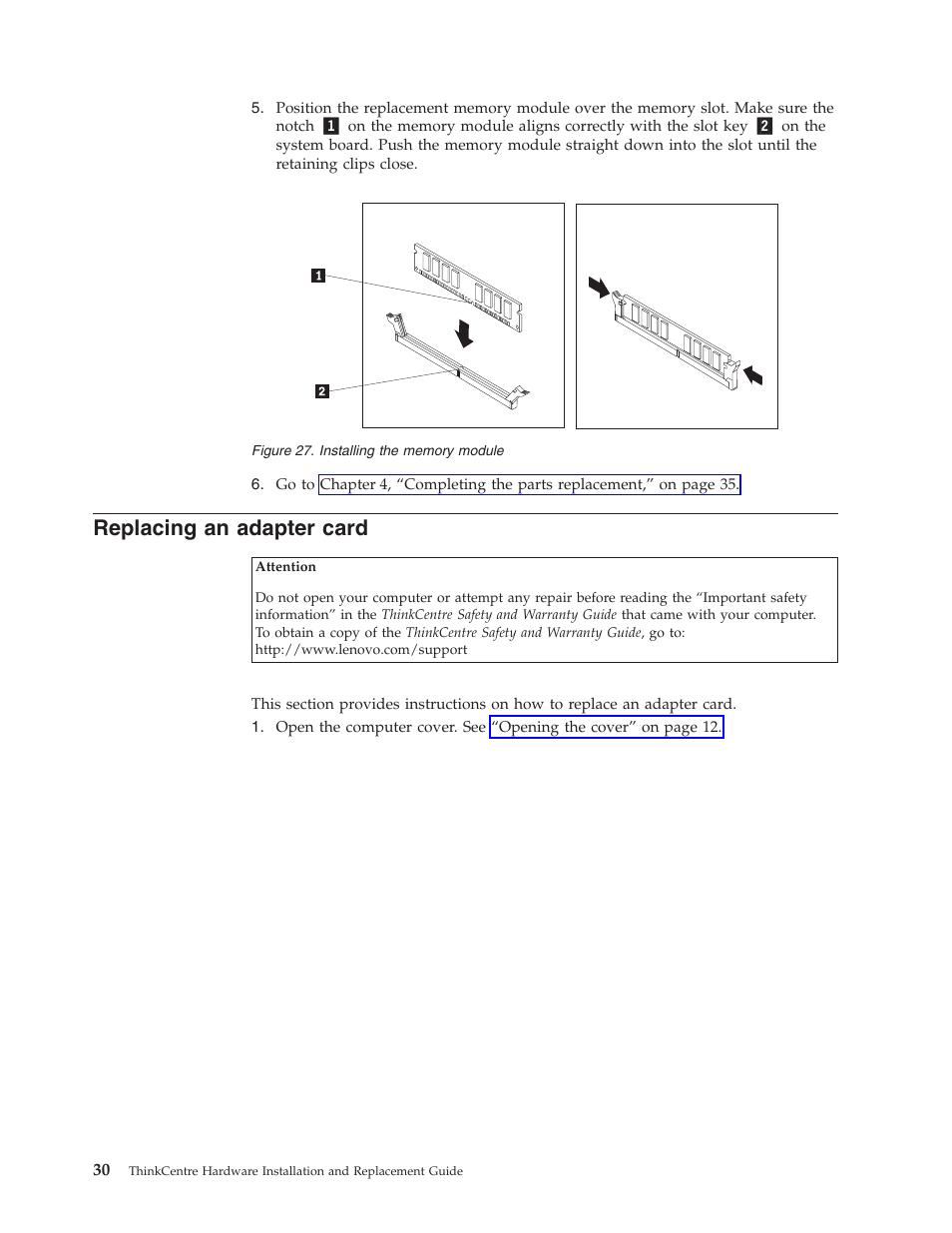 Replacing an adapter card, Replacing, Adapter | Card, Installing, Memory, Module | Lenovo 7360 User Manual | Page 38 / 52