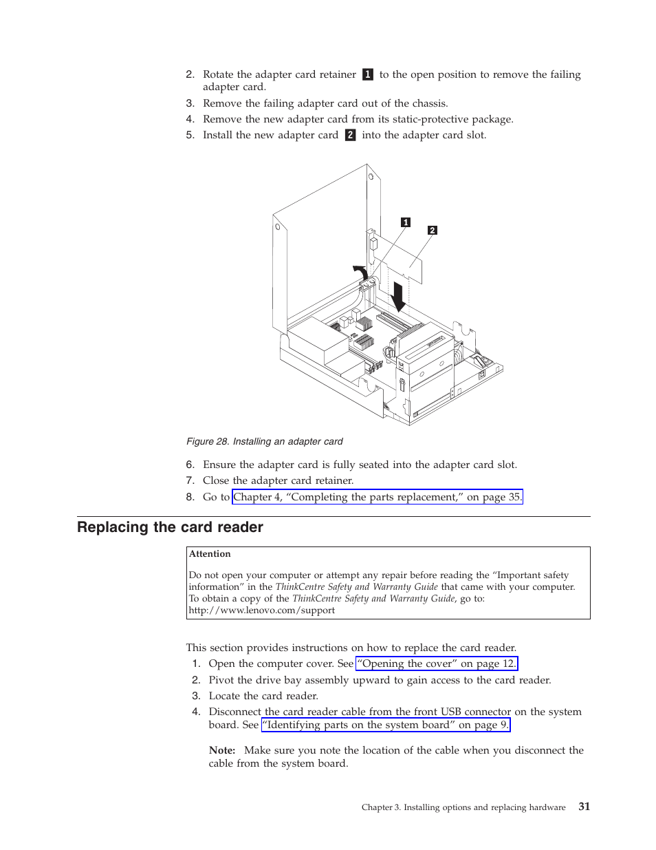 Replacing the card reader, Replacing, Card | Reader, Installing, Adapter | Lenovo 7360 User Manual | Page 39 / 52