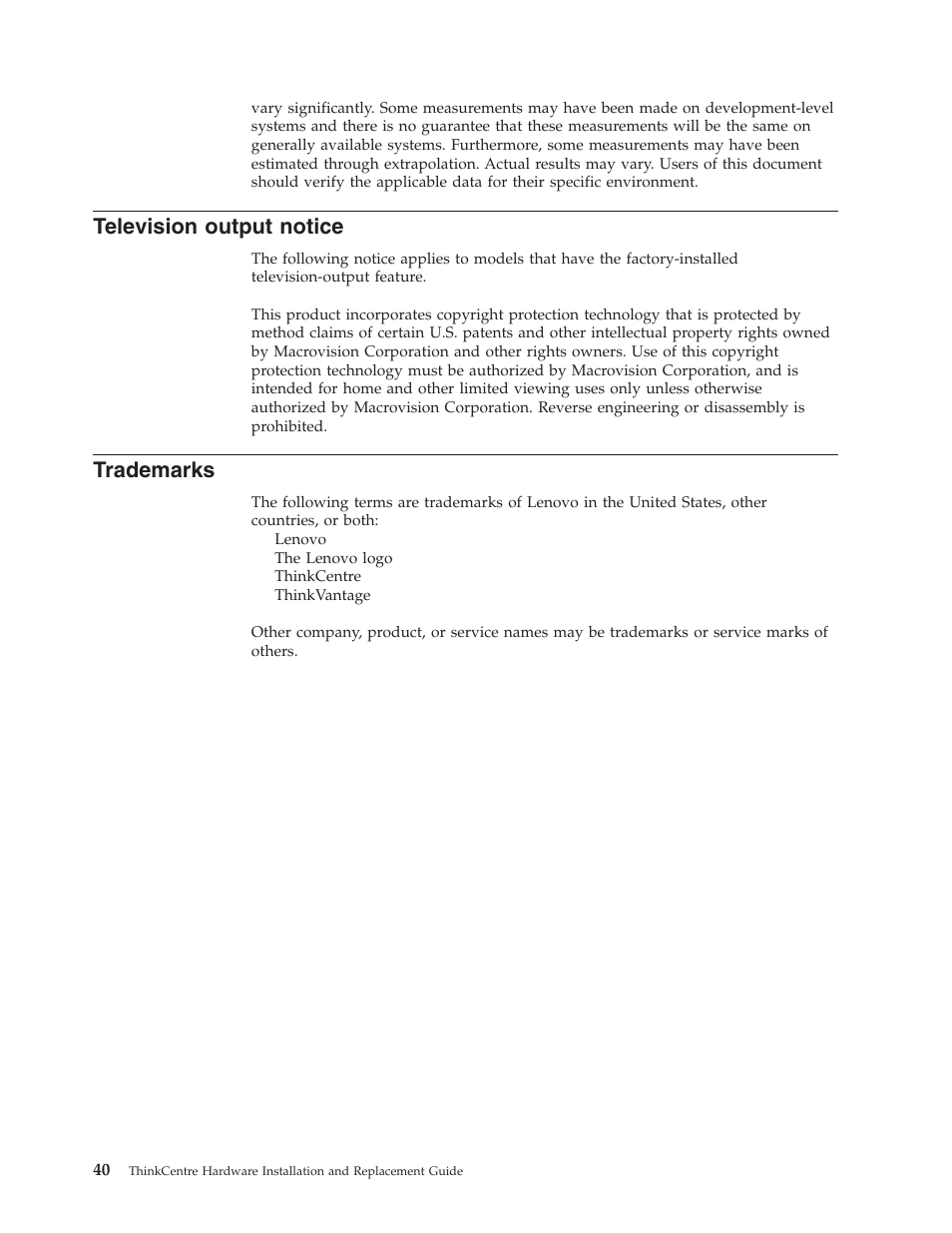 Television output notice, Trademarks, Television | Output, Notice | Lenovo 7360 User Manual | Page 48 / 52