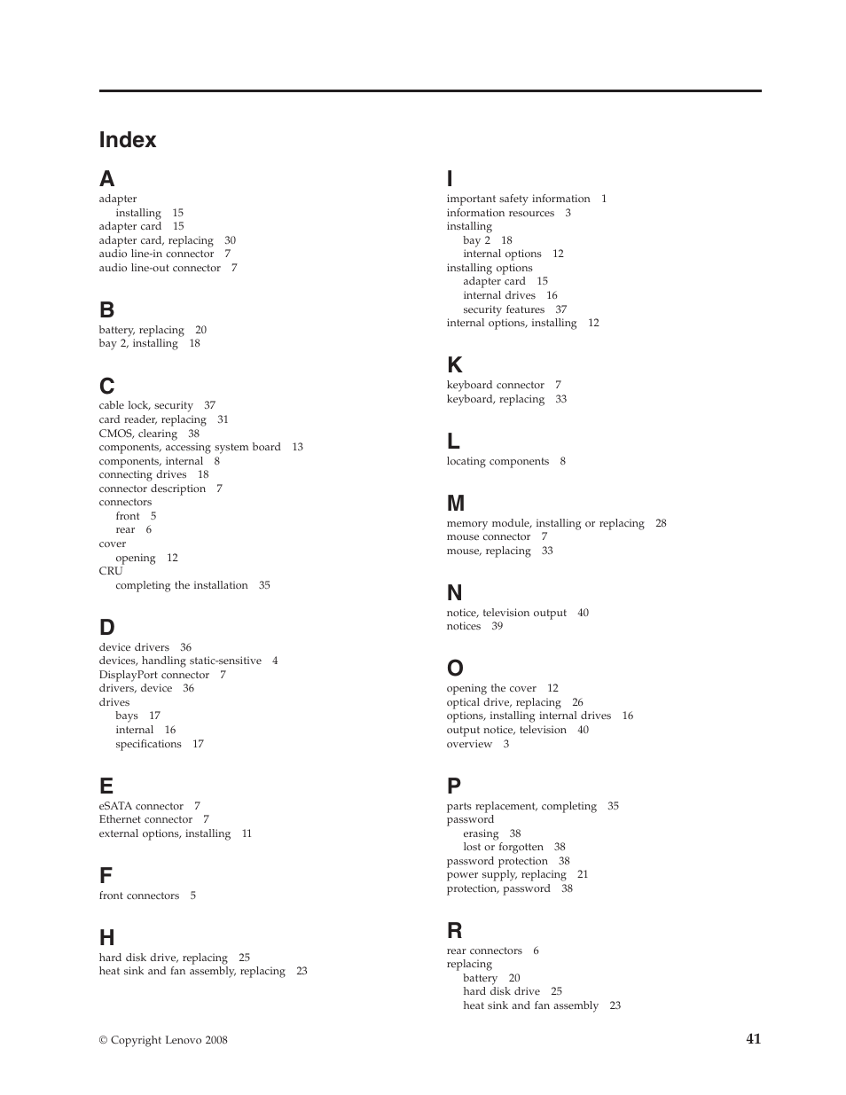 Index | Lenovo 7360 User Manual | Page 49 / 52