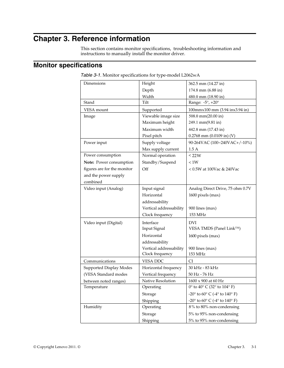Chapter 3. reference information, Monitor specifications | Lenovo L2062 User Manual | Page 19 / 27