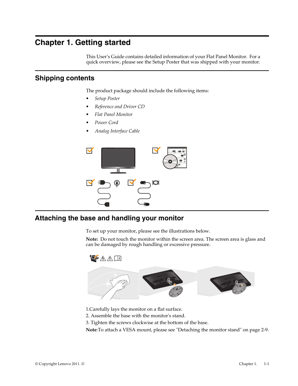 Chapter 1. getting started, Shipping contents, Attaching the base and handling your monitor | Chapter1. getting started | Lenovo L2062 User Manual | Page 5 / 27