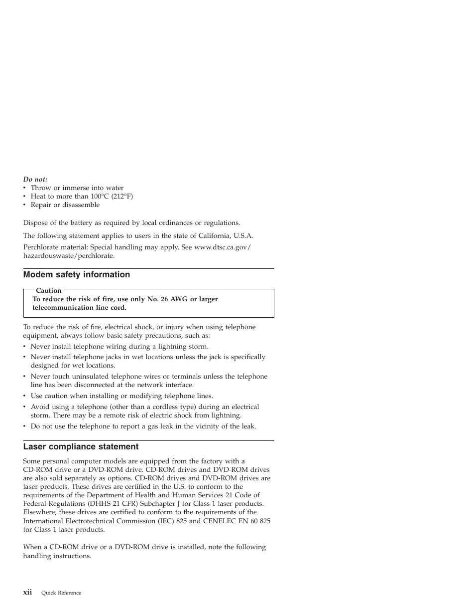 Modem safety information, Laser compliance statement, Modem | Safety, Information, Laser, Compliance, Statement | Lenovo 3000 J User Manual | Page 14 / 90