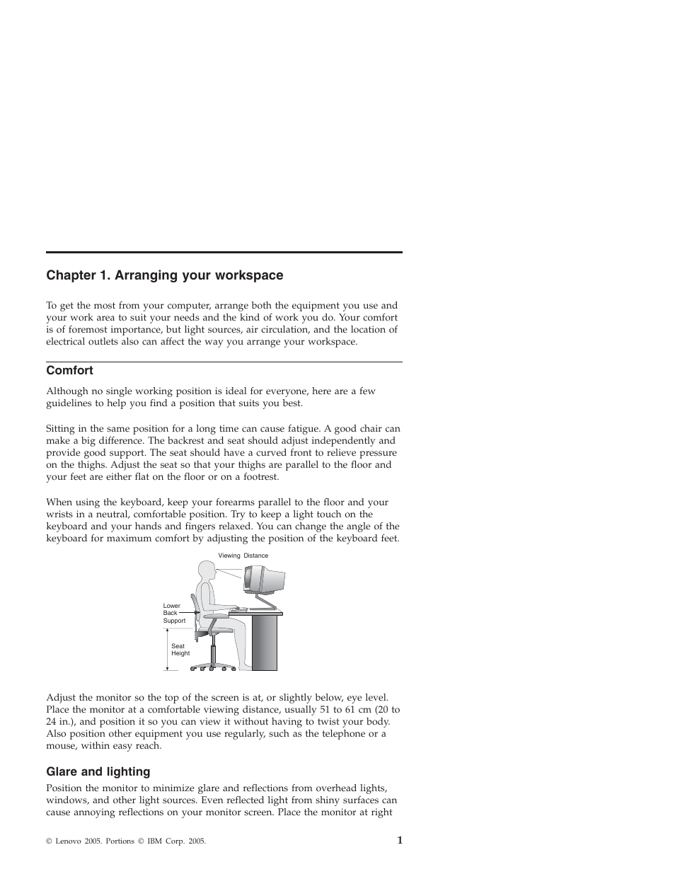 Chapter 1. arranging your workspace, Comfort, Glare and lighting | Chapter, Arranging, Your, Workspace, Glare, Lighting | Lenovo 3000 J User Manual | Page 19 / 90