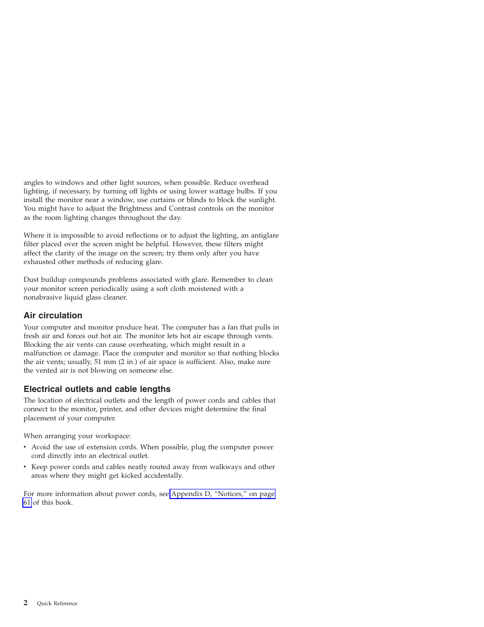 Air circulation, Electrical outlets and cable lengths, Circulation | Electrical, Outlets, Cable, Lengths | Lenovo 3000 J User Manual | Page 20 / 90