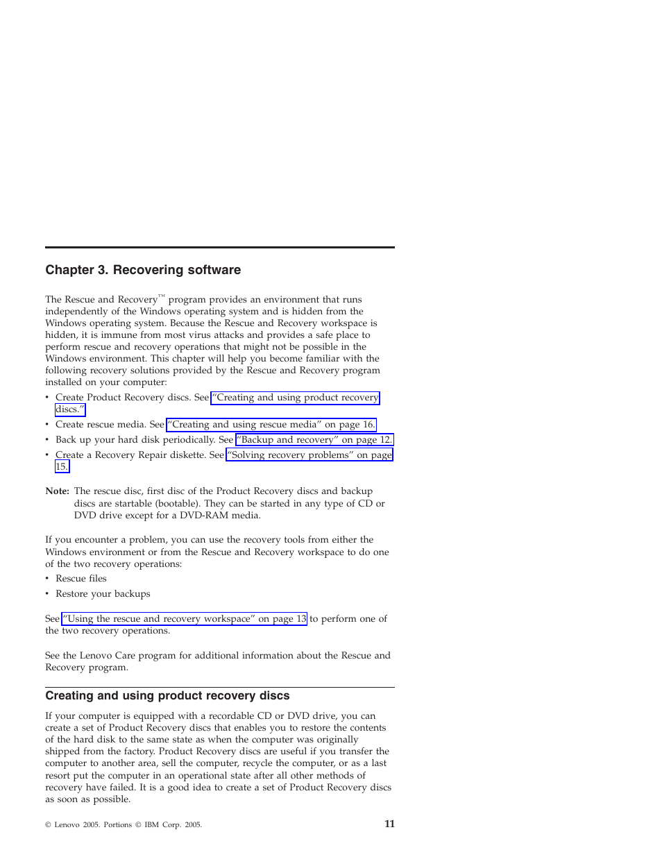Chapter 3. recovering software, Creating and using product recovery discs, Chapter | Recovering, Software, Creating, Using, Product, Recovery, Discs | Lenovo 3000 J User Manual | Page 29 / 90