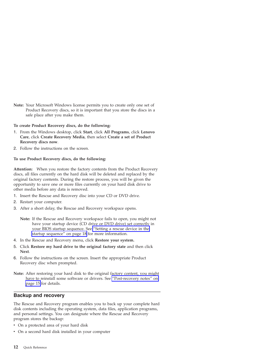 Backup and recovery, Backup, Recovery | Lenovo 3000 J User Manual | Page 30 / 90