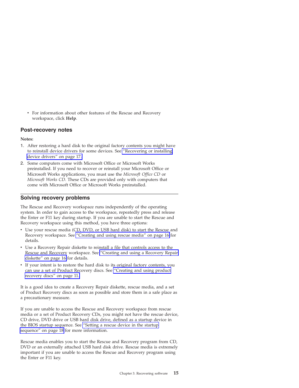 Post-recovery notes, Solving recovery problems, Solving | Recovery, Problems, Post-recovery, Notes | Lenovo 3000 J User Manual | Page 33 / 90