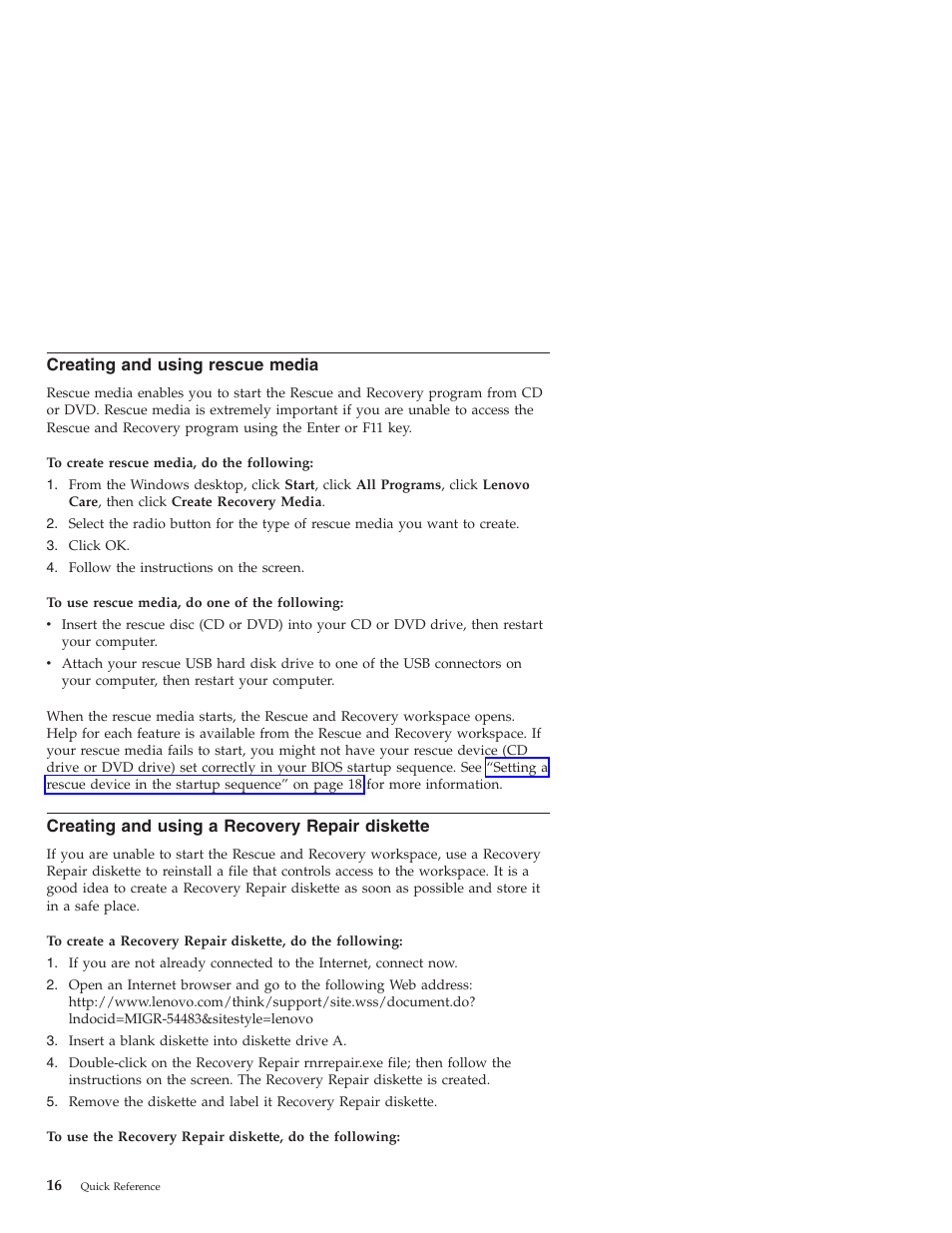 Creating and using rescue media, Creating and using a recovery repair diskette, Creating | Using, Rescue, Media, Recovery, Repair, Diskette | Lenovo 3000 J User Manual | Page 34 / 90