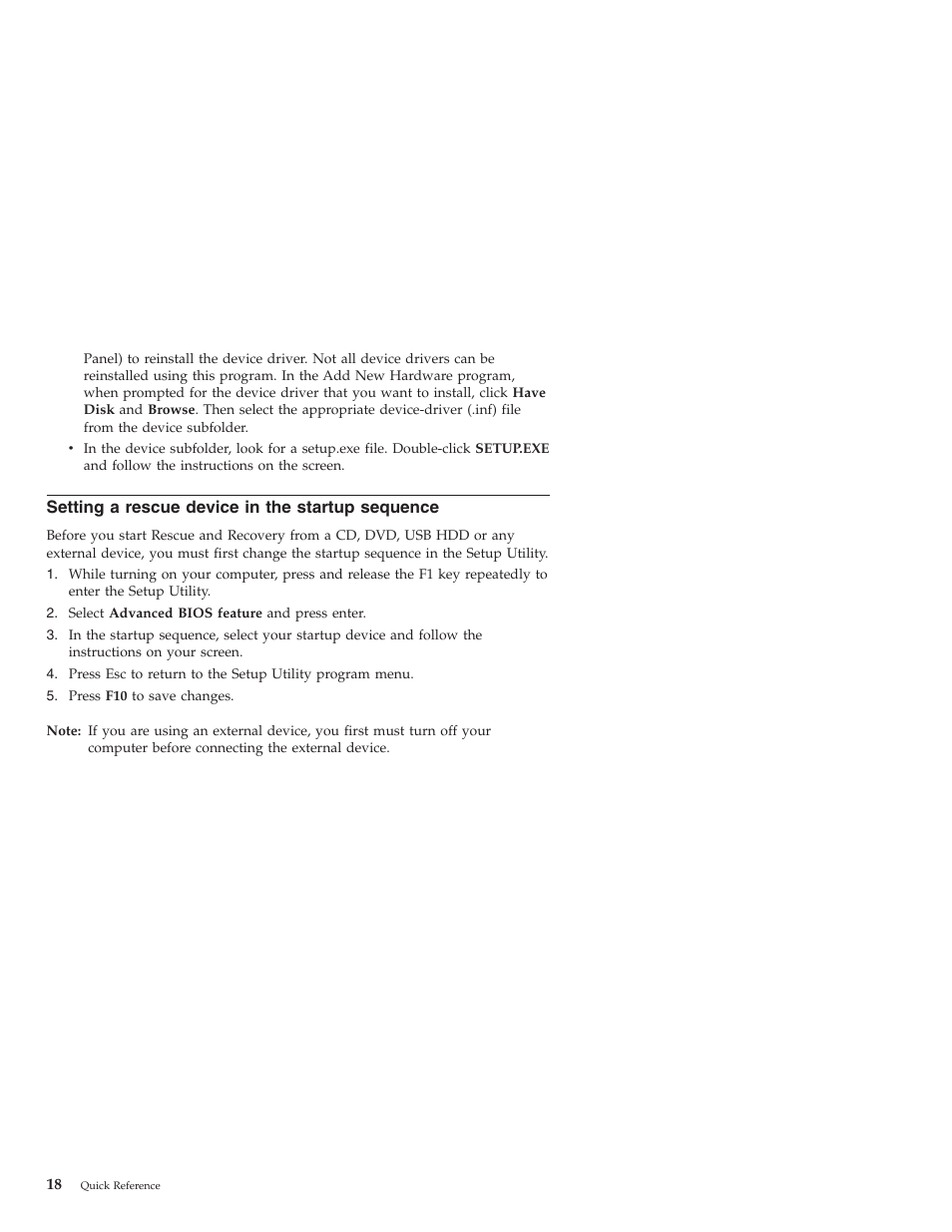 Setting a rescue device in the startup sequence, Setting, Rescue | Device, Startup, Sequence | Lenovo 3000 J User Manual | Page 36 / 90