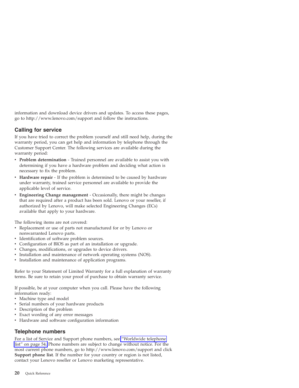 Calling for service, Telephone numbers, Calling | Service, Telephone, Numbers | Lenovo 3000 J User Manual | Page 38 / 90
