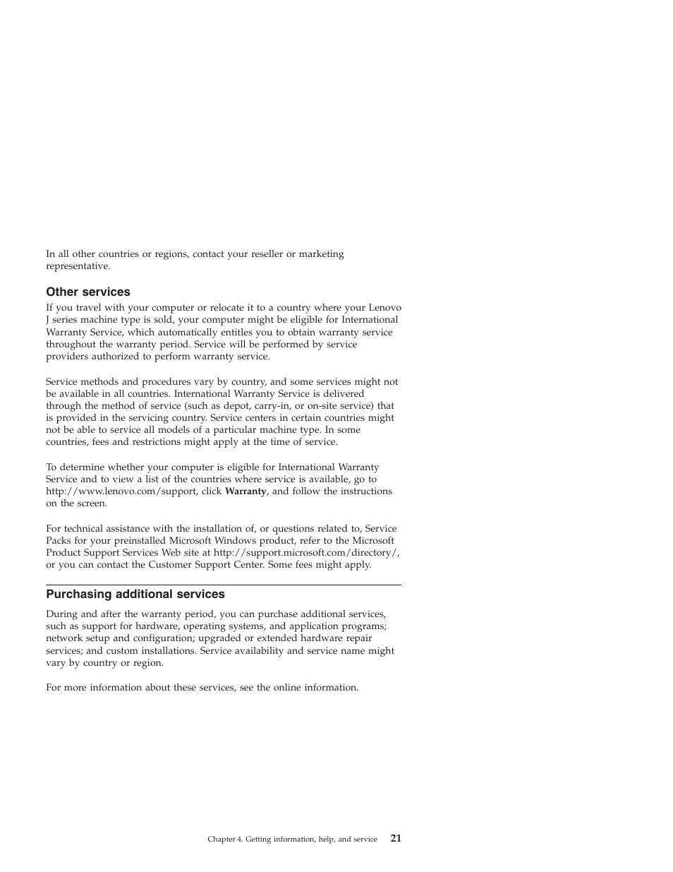 Other services, Purchasing additional services, Purchasing | Additional, Services, Other | Lenovo 3000 J User Manual | Page 39 / 90