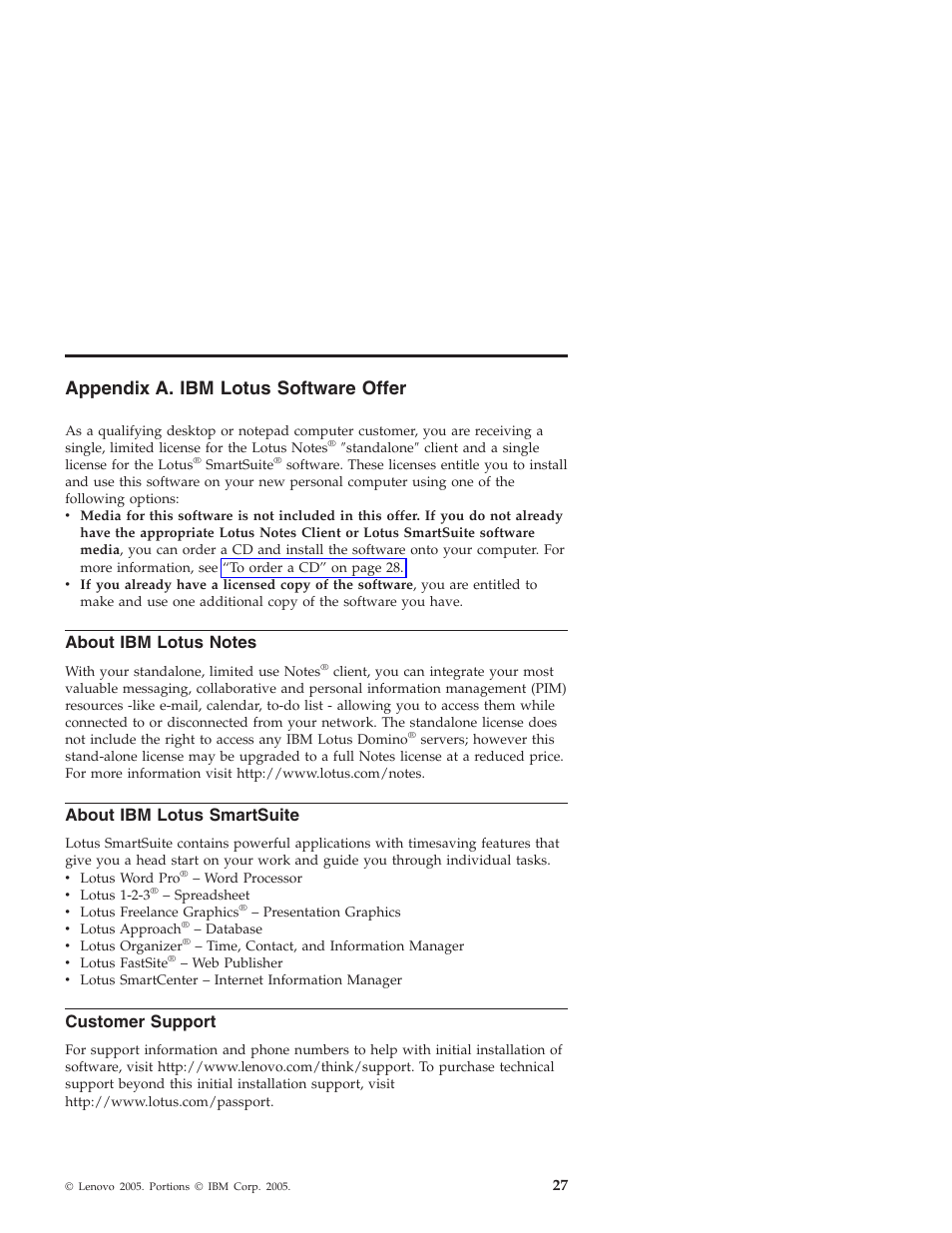 Appendix a. ibm lotus software offer, About ibm lotus notes, About ibm lotus smartsuite | Customer support, Appendix, Lotus, Software, Offer, About, Notes | Lenovo 3000 J User Manual | Page 45 / 90