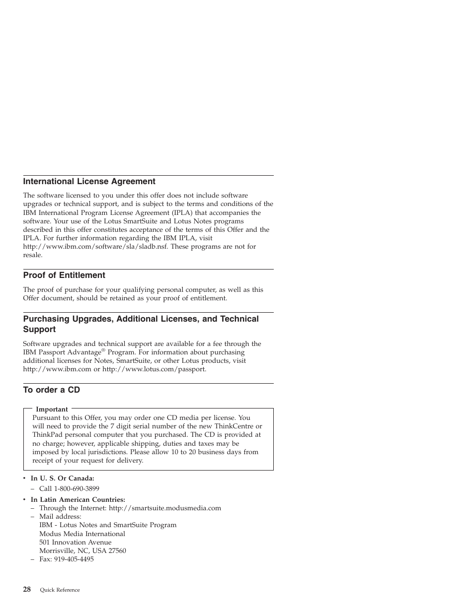 International license agreement, Proof of entitlement, To order a cd | International, License, Agreement, Proof, Entitlement, Purchasing, Upgrades | Lenovo 3000 J User Manual | Page 46 / 90