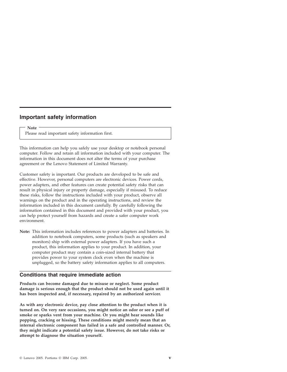 Important safety information, Conditions that require immediate action, Important | Safety, Information, Conditions, That, Require, Immediate, Action | Lenovo 3000 J User Manual | Page 7 / 90