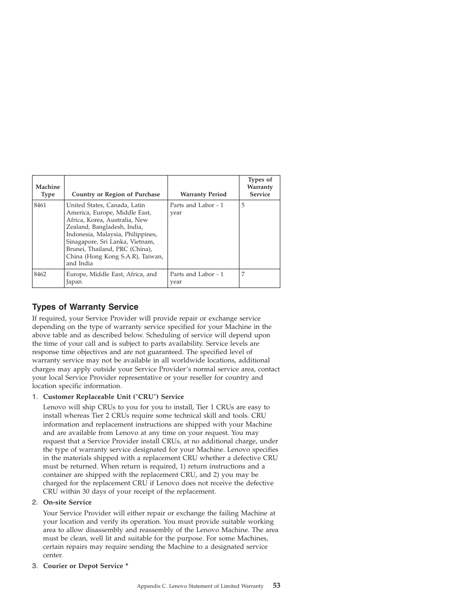 Types of warranty service, Types, Warranty | Service | Lenovo 3000 J User Manual | Page 71 / 90