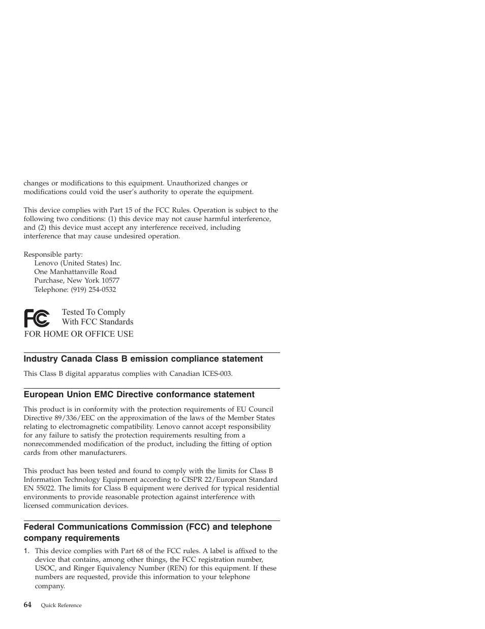 European union emc directive conformance statement, Industry, Canada | Class, Emission, Compliance, Statement, European, Union, Directive | Lenovo 3000 J User Manual | Page 82 / 90