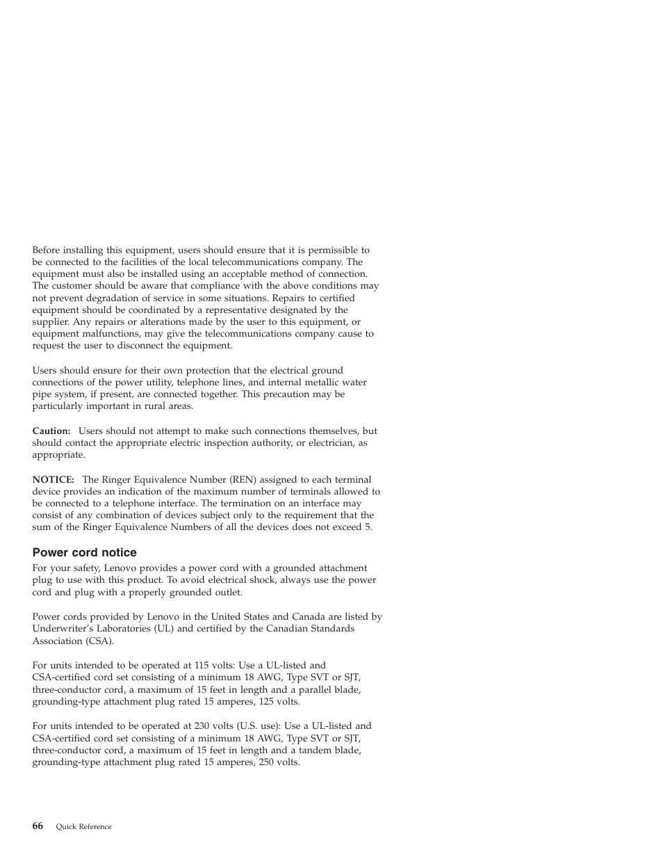 Power cord notice, Power, Cord | Notice | Lenovo 3000 J User Manual | Page 84 / 90