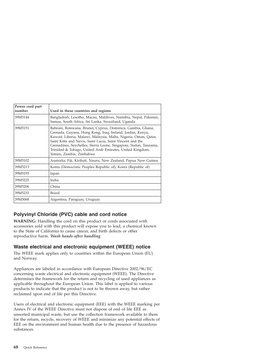 Polyvinyl chloride (pvc) cable and cord notice, Polyvinyl, Chloride | Pvc), Cable, Cord, Notice, Waste, Electrical, Electronic | Lenovo 3000 J User Manual | Page 86 / 90