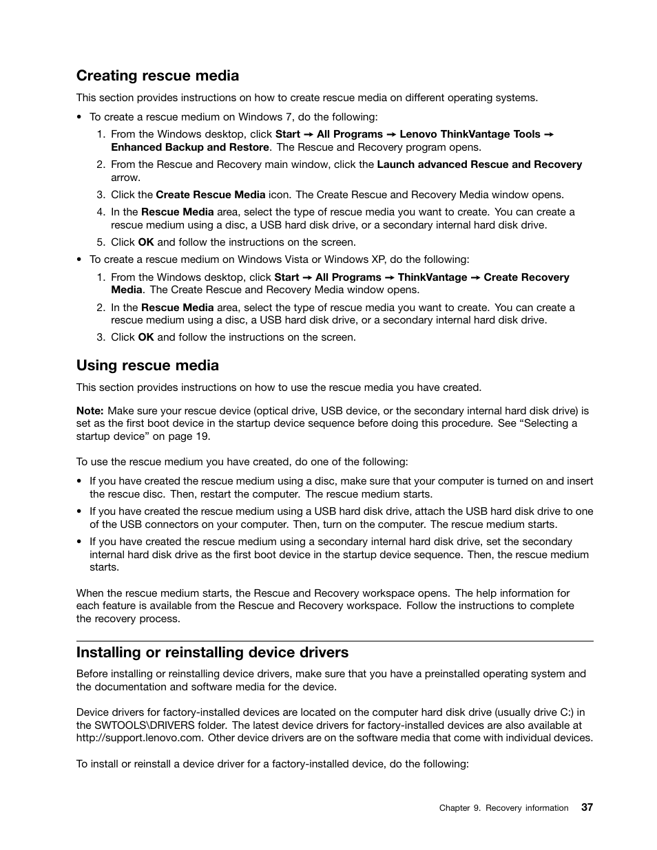 Creating rescue media, Using rescue media, Installing or reinstalling device drivers | Lenovo THINKSTATION 4105 User Manual | Page 43 / 66