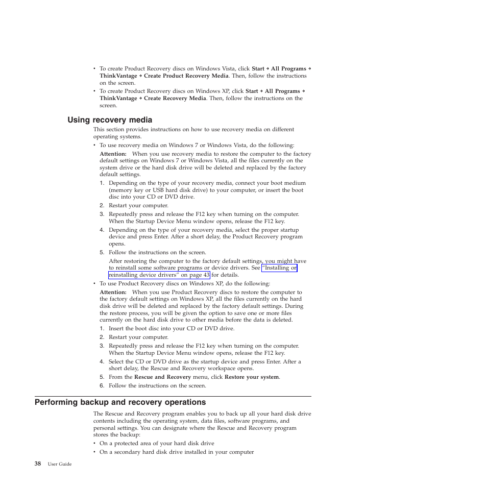 Using recovery media, Performing backup and recovery operations | Lenovo THINKSTATION 4155 User Manual | Page 46 / 74