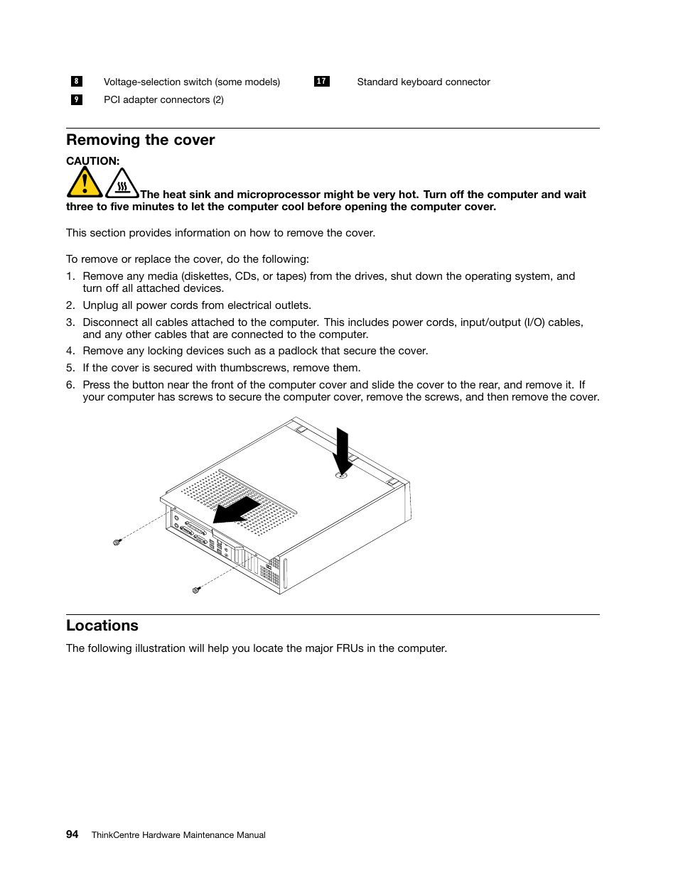 Removing the cover, Locations | Lenovo 9354 User Manual | Page 100 / 480