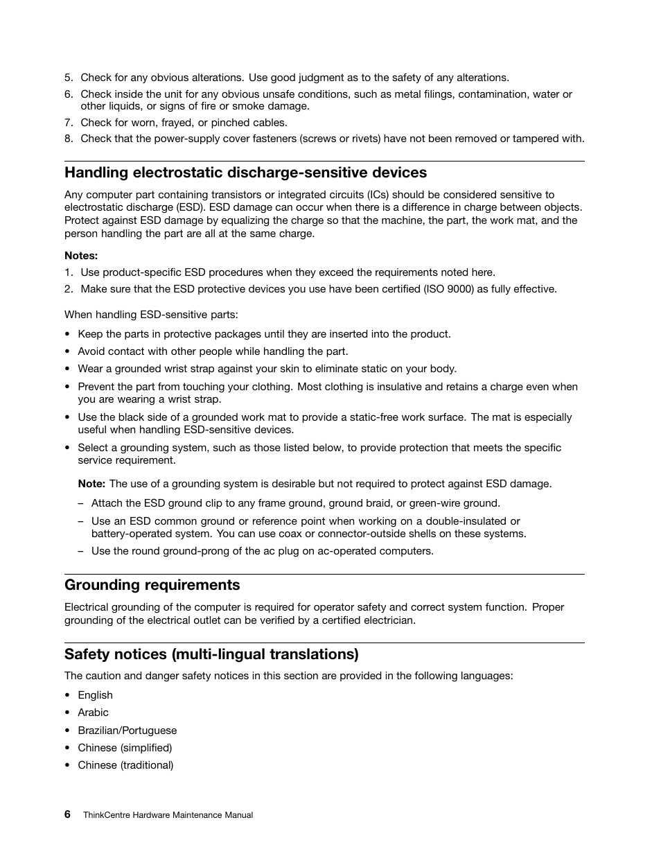 Handling electrostatic discharge-sensitive devices, Grounding requirements, Safety notices (multi-lingual translations) | Lenovo 9354 User Manual | Page 12 / 480