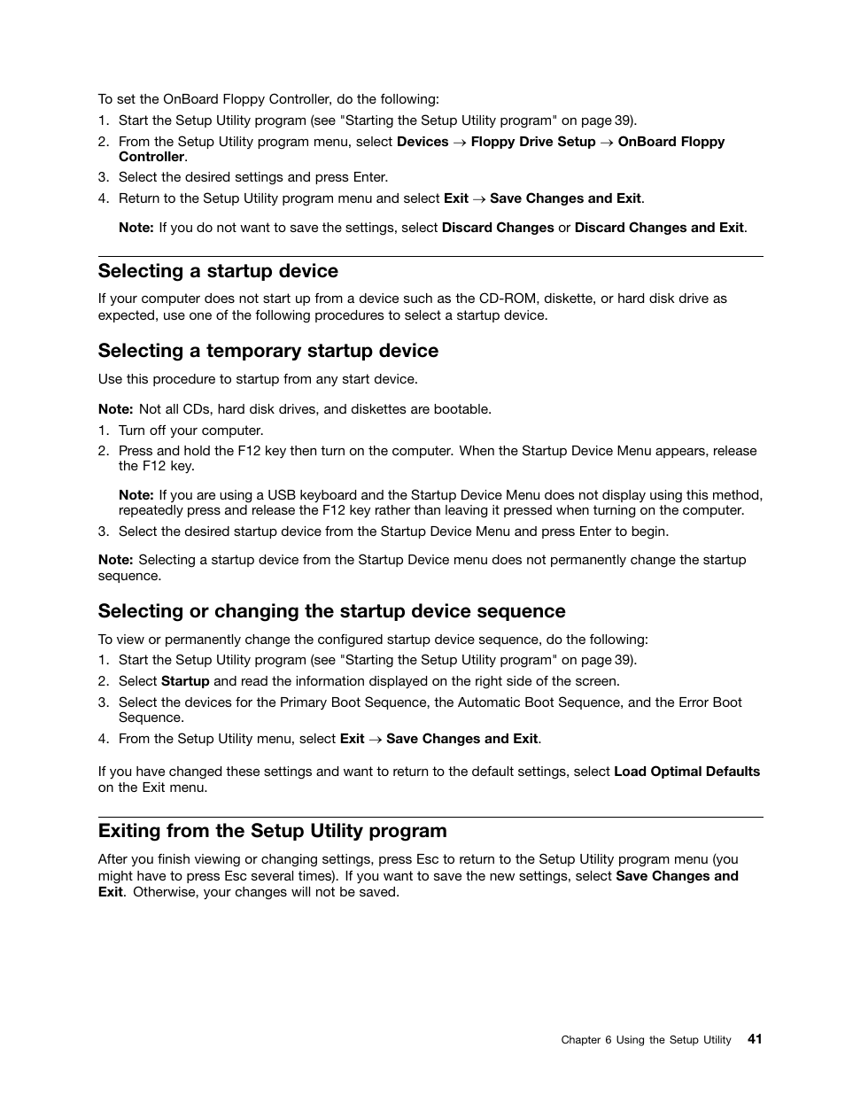 Selecting a startup device, Selecting a temporary startup device, Selecting or changing the startup device sequence | Exiting from the setup utility program | Lenovo 9354 User Manual | Page 47 / 480