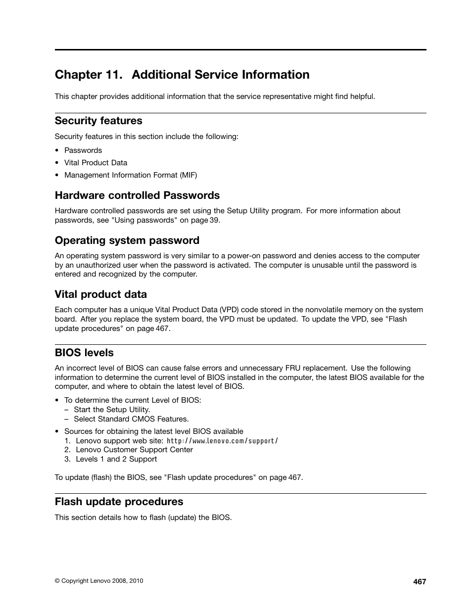 Chapter 11. additional service information, Security features, Hardware controlled passwords | Operating system password, Vital product data, Bios levels, Flash update procedures, Flash update procedures" on, Flash update | Lenovo 9354 User Manual | Page 473 / 480