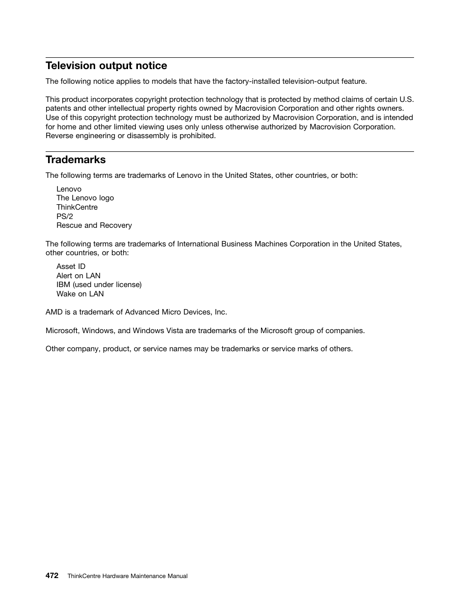 Television output notice, Trademarks | Lenovo 9354 User Manual | Page 478 / 480