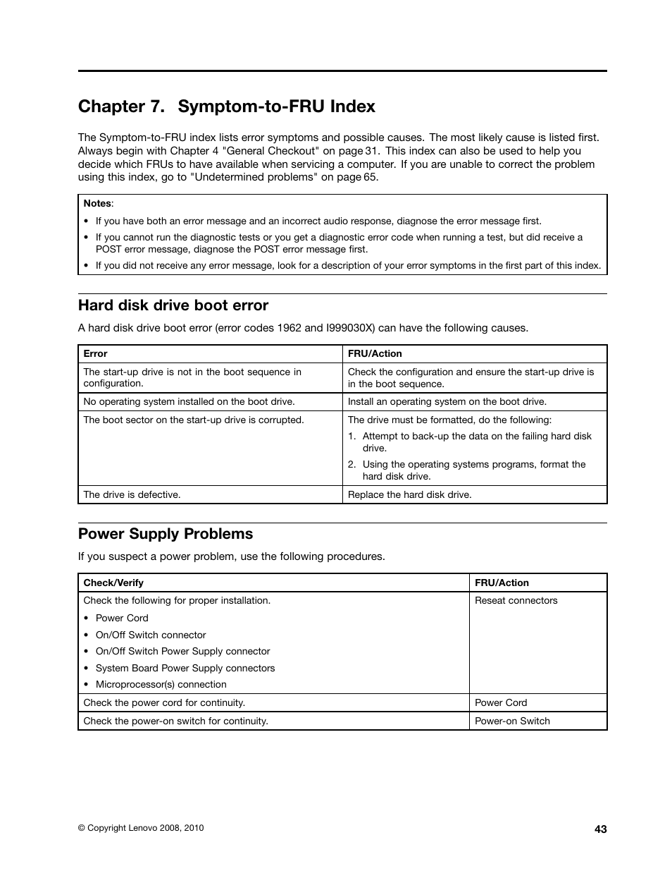 Chapter 7. symptom-to-fru index, Hard disk drive boot error, Power supply problems | Diagnostic | Lenovo 9354 User Manual | Page 49 / 480