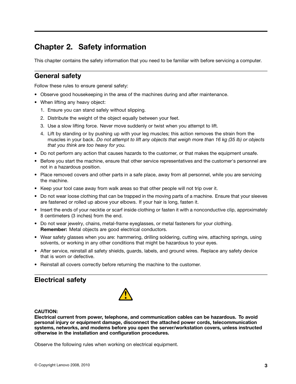 Chapter 2. safety information, General safety, Electrical safety | Lenovo 9354 User Manual | Page 9 / 480