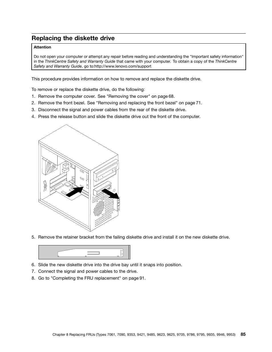 Replacing the diskette drive | Lenovo 9354 User Manual | Page 91 / 480