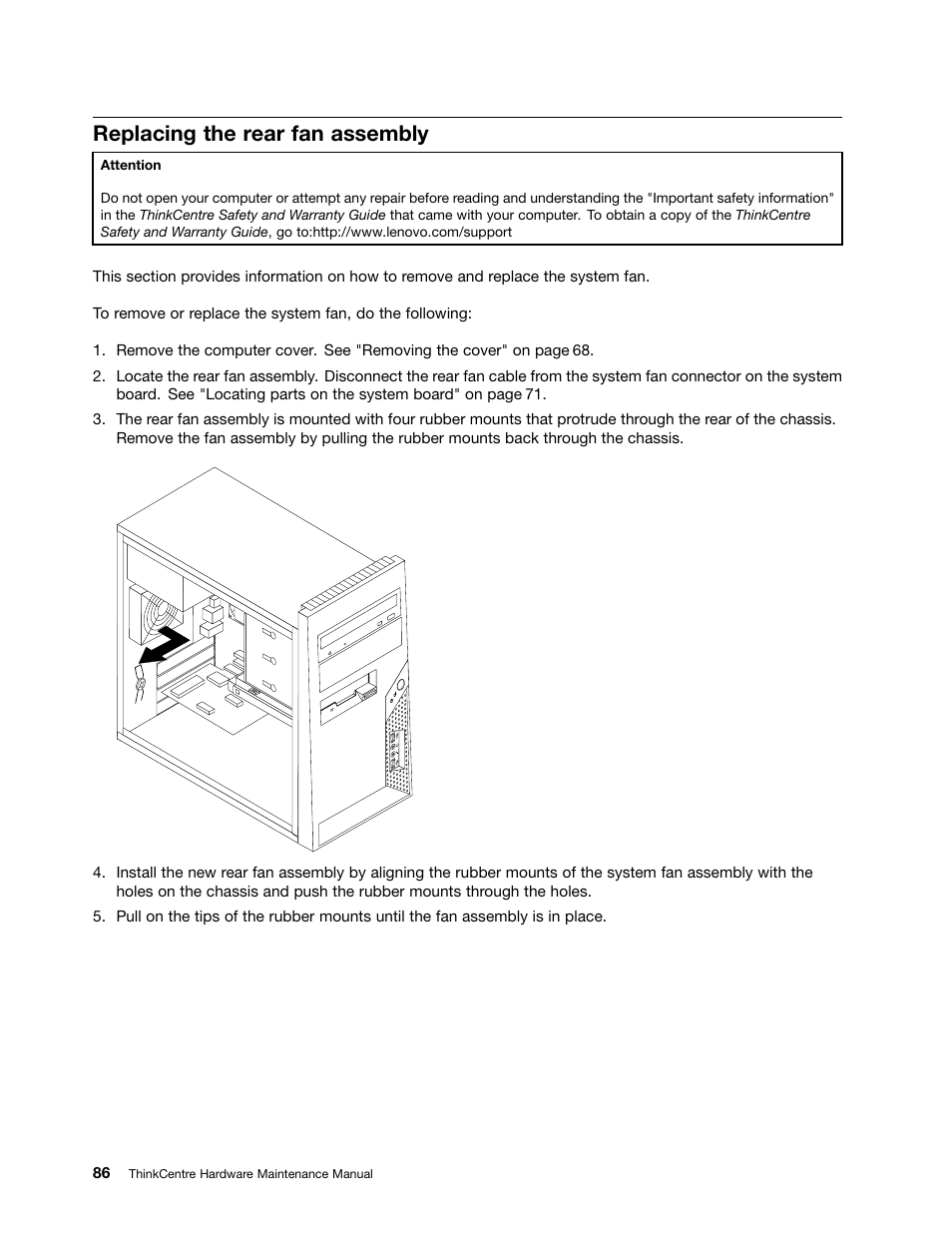 Replacing the rear fan assembly | Lenovo 9354 User Manual | Page 92 / 480