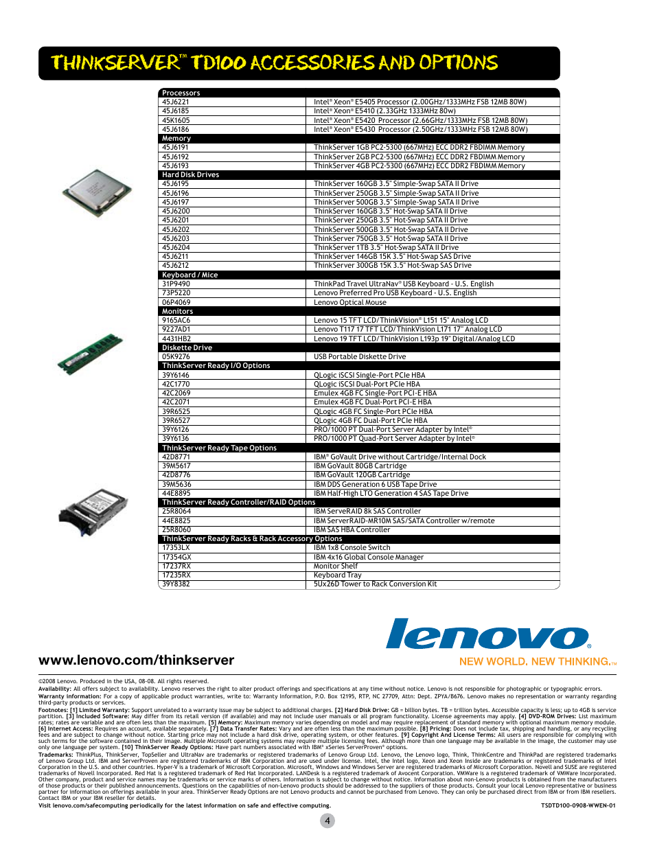 Thinkserver, Td100 accessories and options | Lenovo Think 6399-14x User Manual | Page 4 / 4