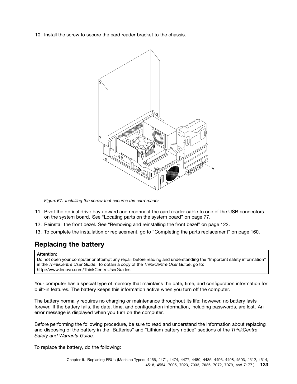 Replacing the battery | Lenovo THINKCENTRE 4485 User Manual | Page 141 / 492