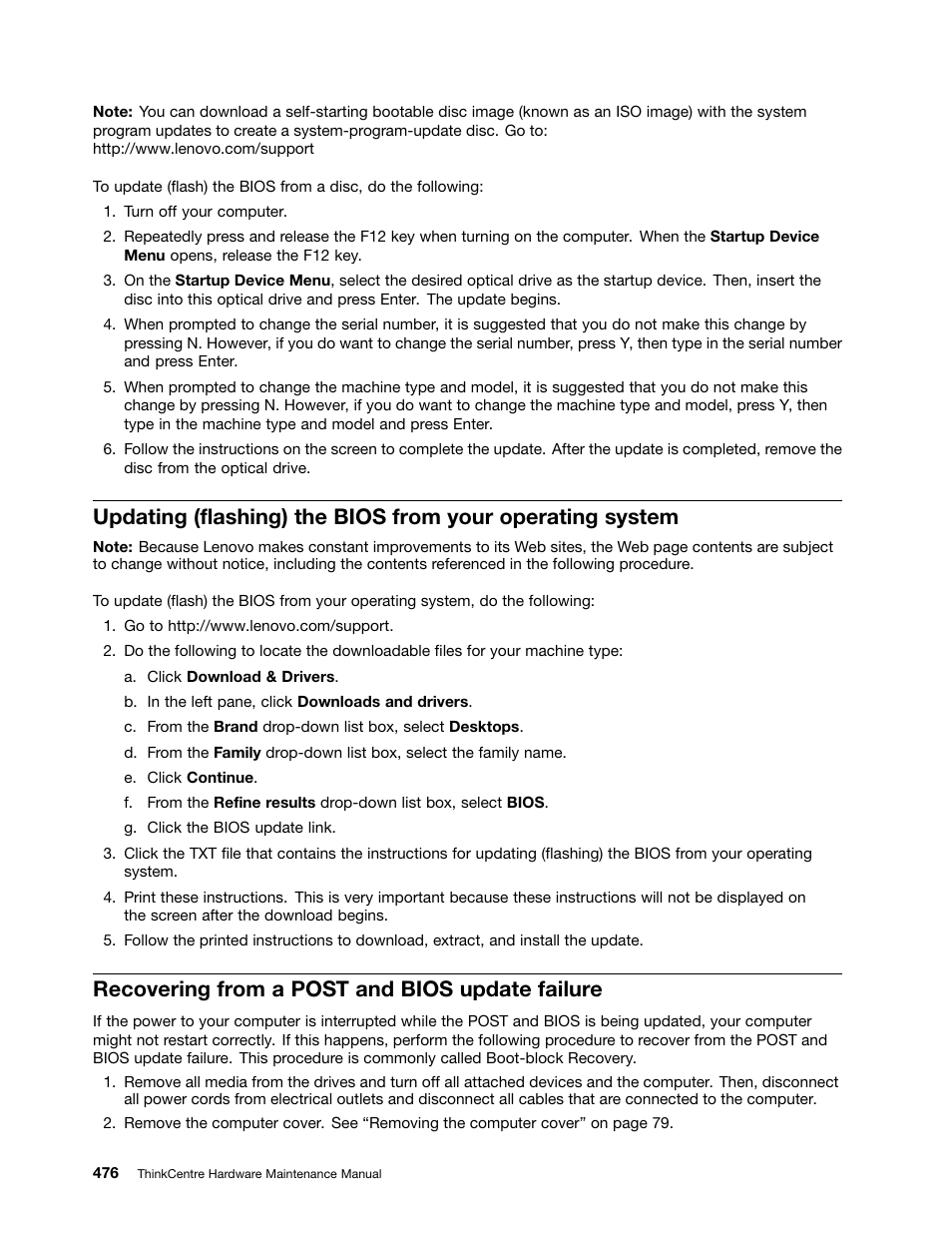 Recovering from a post and bios update failure, Recovering | Lenovo THINKCENTRE 4485 User Manual | Page 484 / 492