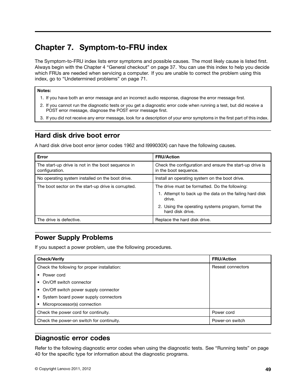 Chapter 7. symptom-to-fru index, Hard disk drive boot error, Power supply problems | Diagnostic error codes, Diagnostic | Lenovo THINKCENTRE 4485 User Manual | Page 57 / 492