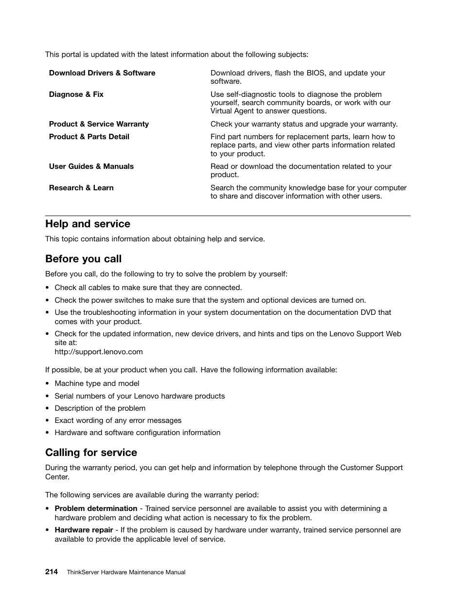 Help and service, Before you call, Calling for service | Lenovo THINKSERVER 392 User Manual | Page 226 / 248