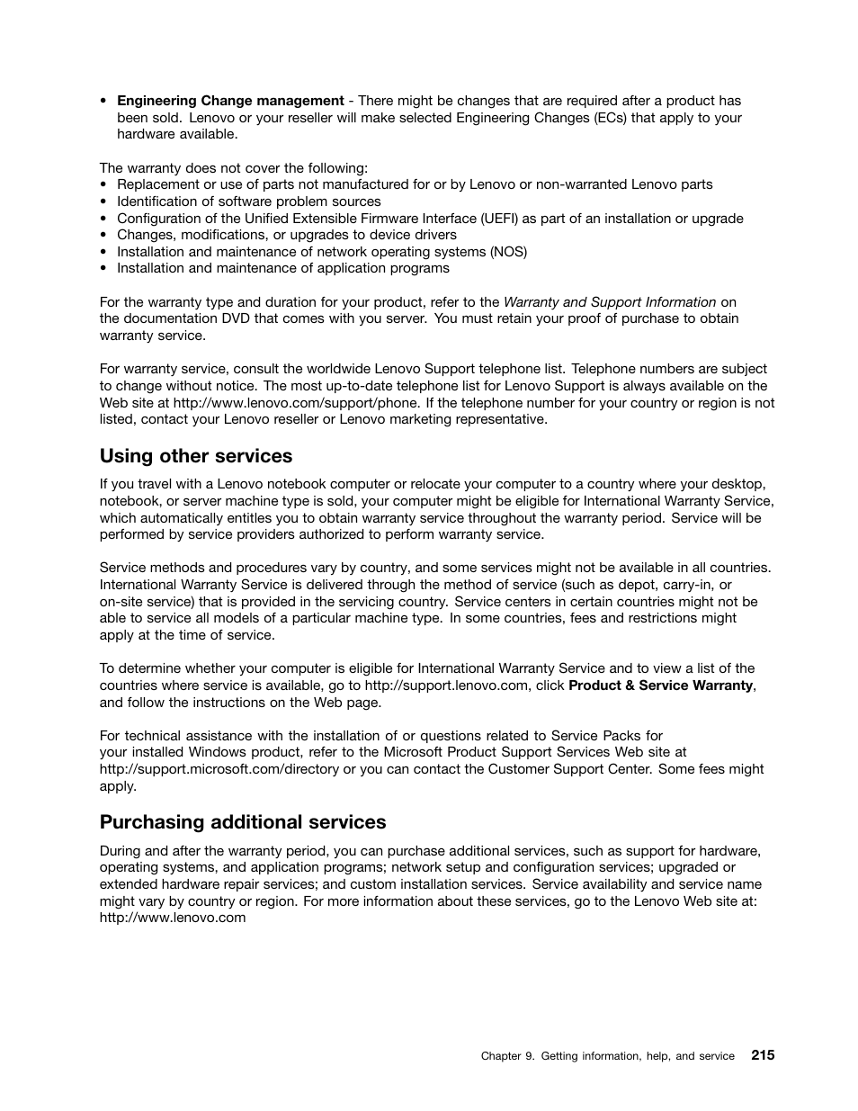 Using other services, Purchasing additional services | Lenovo THINKSERVER 392 User Manual | Page 227 / 248