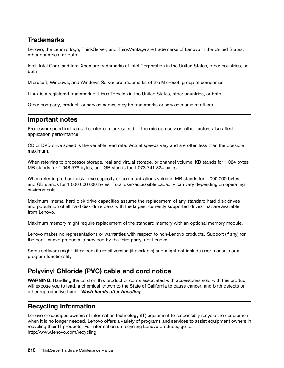 Trademarks, Important notes, Polyvinyl chloride (pvc) cable and cord notice | Recycling information | Lenovo THINKSERVER 392 User Manual | Page 230 / 248