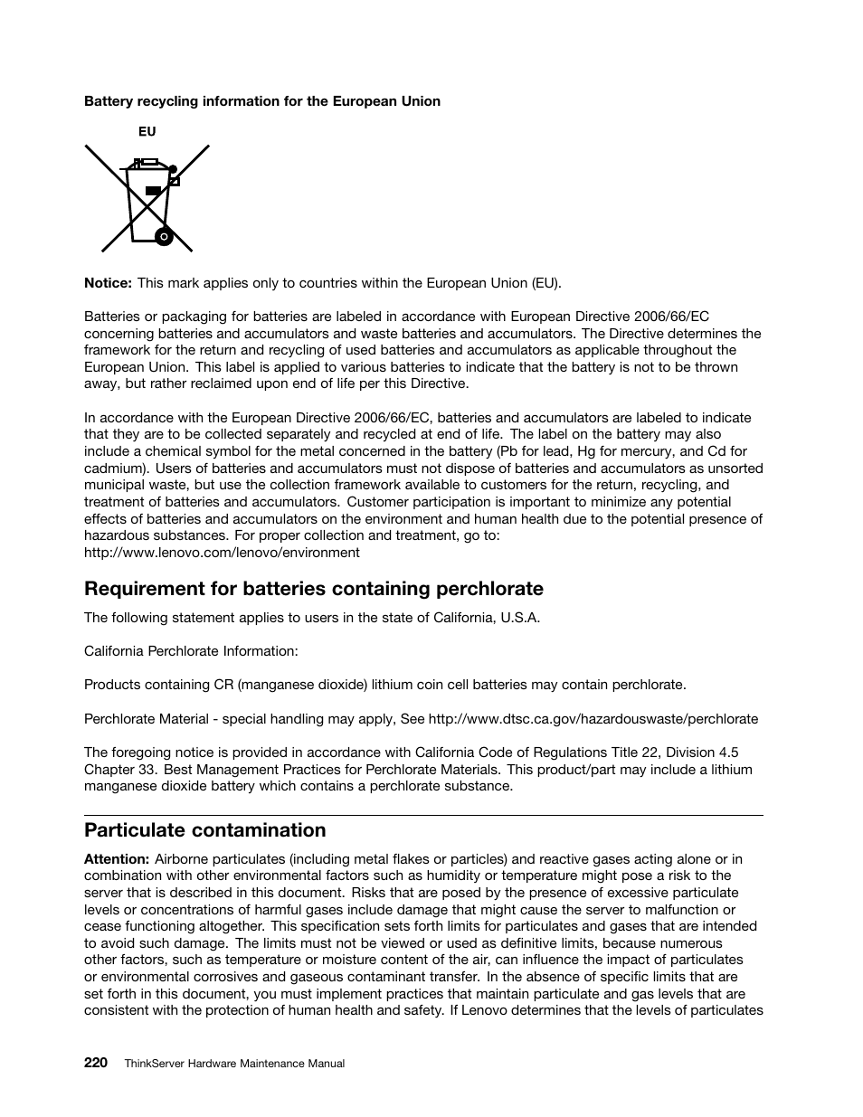 Requirement for batteries containing perchlorate, Particulate contamination | Lenovo THINKSERVER 392 User Manual | Page 232 / 248