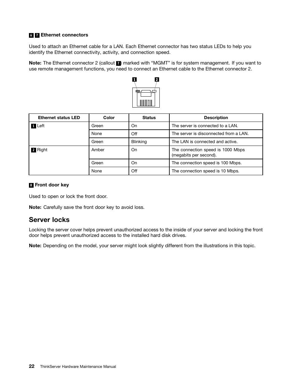 Server locks | Lenovo THINKSERVER 392 User Manual | Page 34 / 248