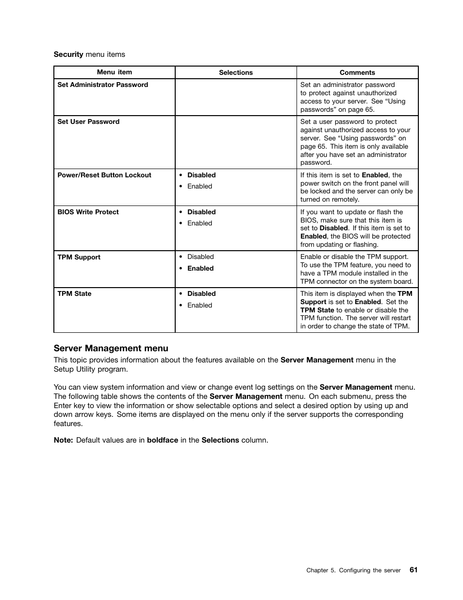 Server management menu | Lenovo THINKSERVER 392 User Manual | Page 73 / 248