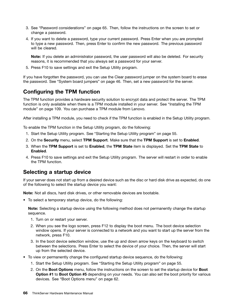 Configuring the tpm function, Selecting a startup device | Lenovo THINKSERVER 392 User Manual | Page 78 / 248