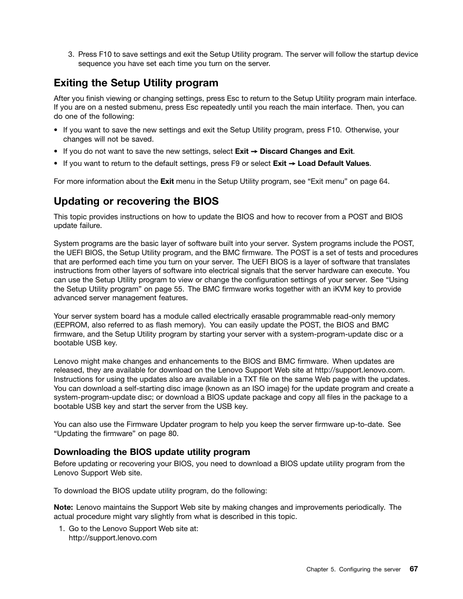 Exiting the setup utility program, Updating or recovering the bios | Lenovo THINKSERVER 392 User Manual | Page 79 / 248